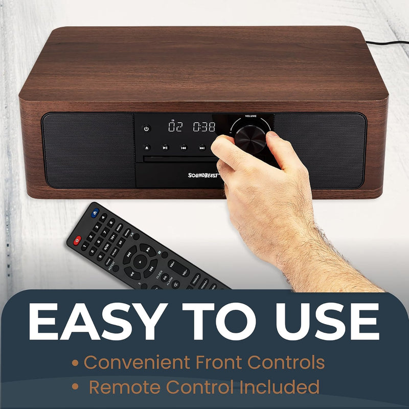 SoundBeast® Stereo Shelf System with CD Player, Bluetooth, FM Radio, USB Playback, Aux in, Optical in, Alarm Clock, & Remote Control