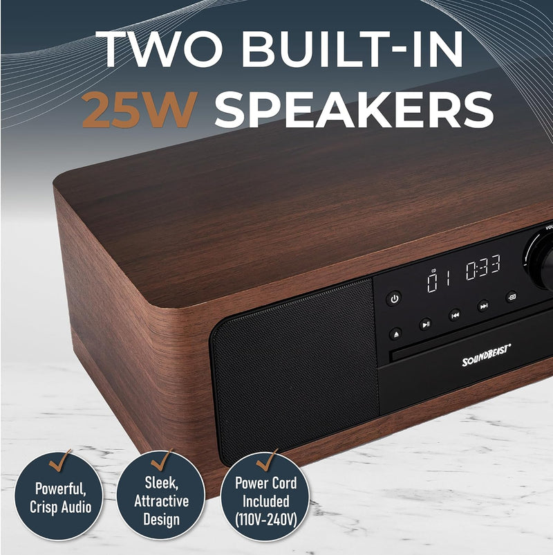 SoundBeast® Stereo Shelf System with CD Player, Bluetooth, FM Radio, USB Playback, Aux in, Optical in, Alarm Clock, & Remote Control