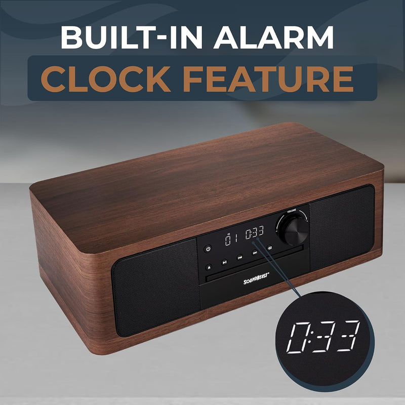 SoundBeast® Stereo Shelf System with CD Player, Bluetooth, FM Radio, USB Playback, Aux in, Optical in, Alarm Clock, & Remote Control