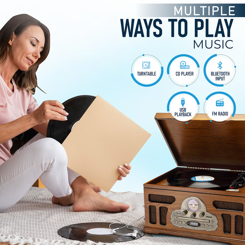 SoundBeast® All-in-One Turntable with 3-Speed Record Player, Bluetooth, CD, Cassette Tape, AM/FM Radio, USB, Built-in Speakers, Handmade Wooden Exterior